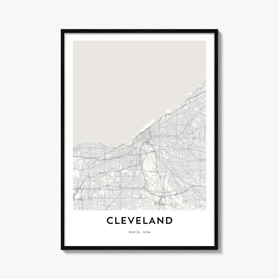 Cleveland black & white map poster of Ohio, USA – vertical wall art, unframed print shown in interior mockup