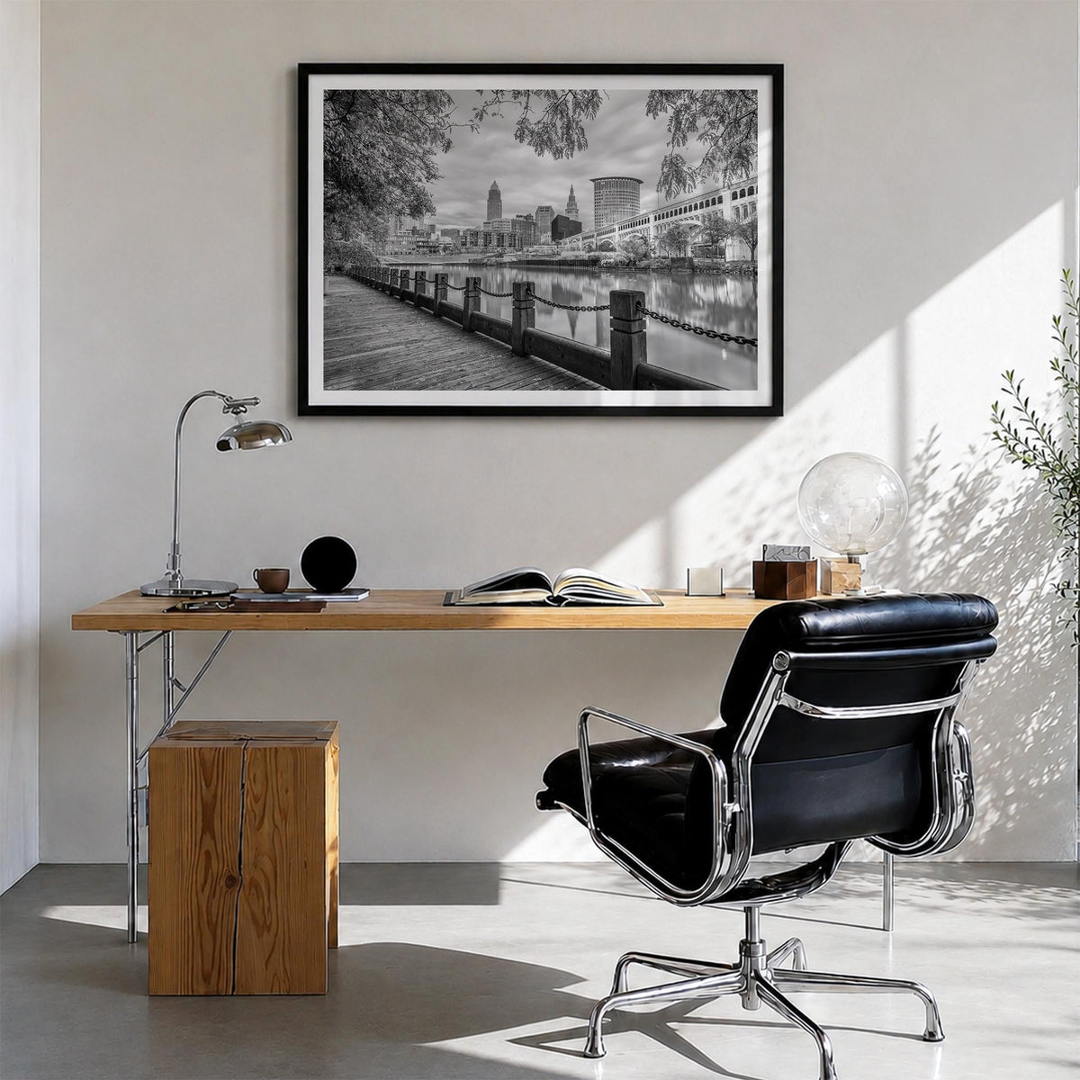 Cleveland black & white photo poster of Ohio, USA – horizontal wall art in black wood frame with white border, hanging on wal