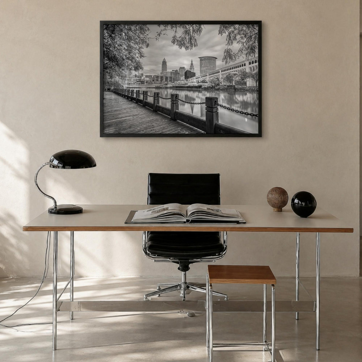 Cleveland black & white photo poster of Ohio, USA – horizontal wall art in black wood frame, hanging on wall
