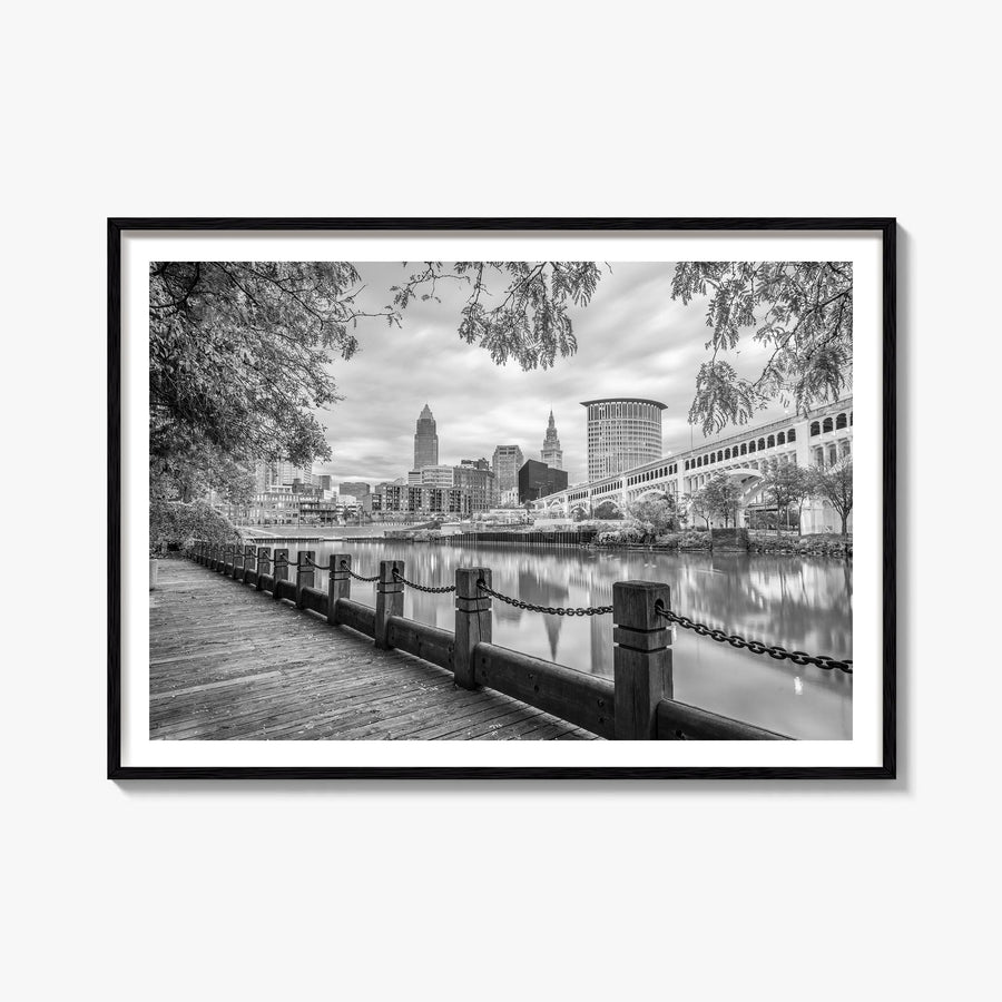 Cleveland black & white photo poster of Ohio, USA – horizontal wall art, unframed print shown in interior mockup