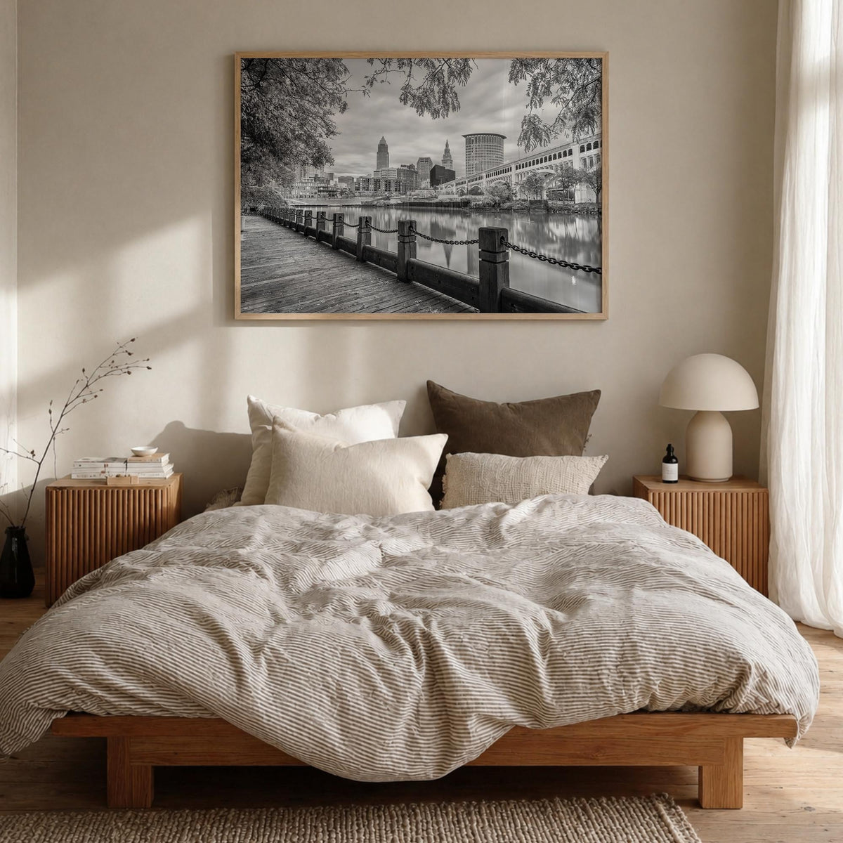 Cleveland black & white photo poster of Ohio, USA – horizontal wall art in natural wood frame, hanging on wall