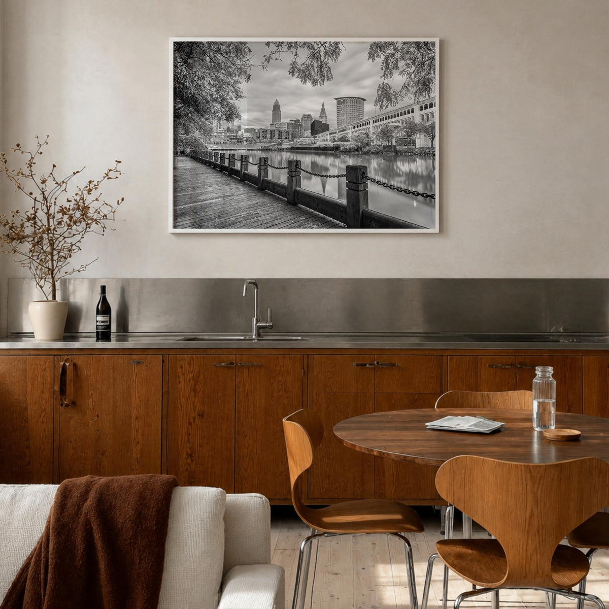 Cleveland black & white photo poster of Ohio, USA – horizontal wall art in white wood frame, hanging on wall
