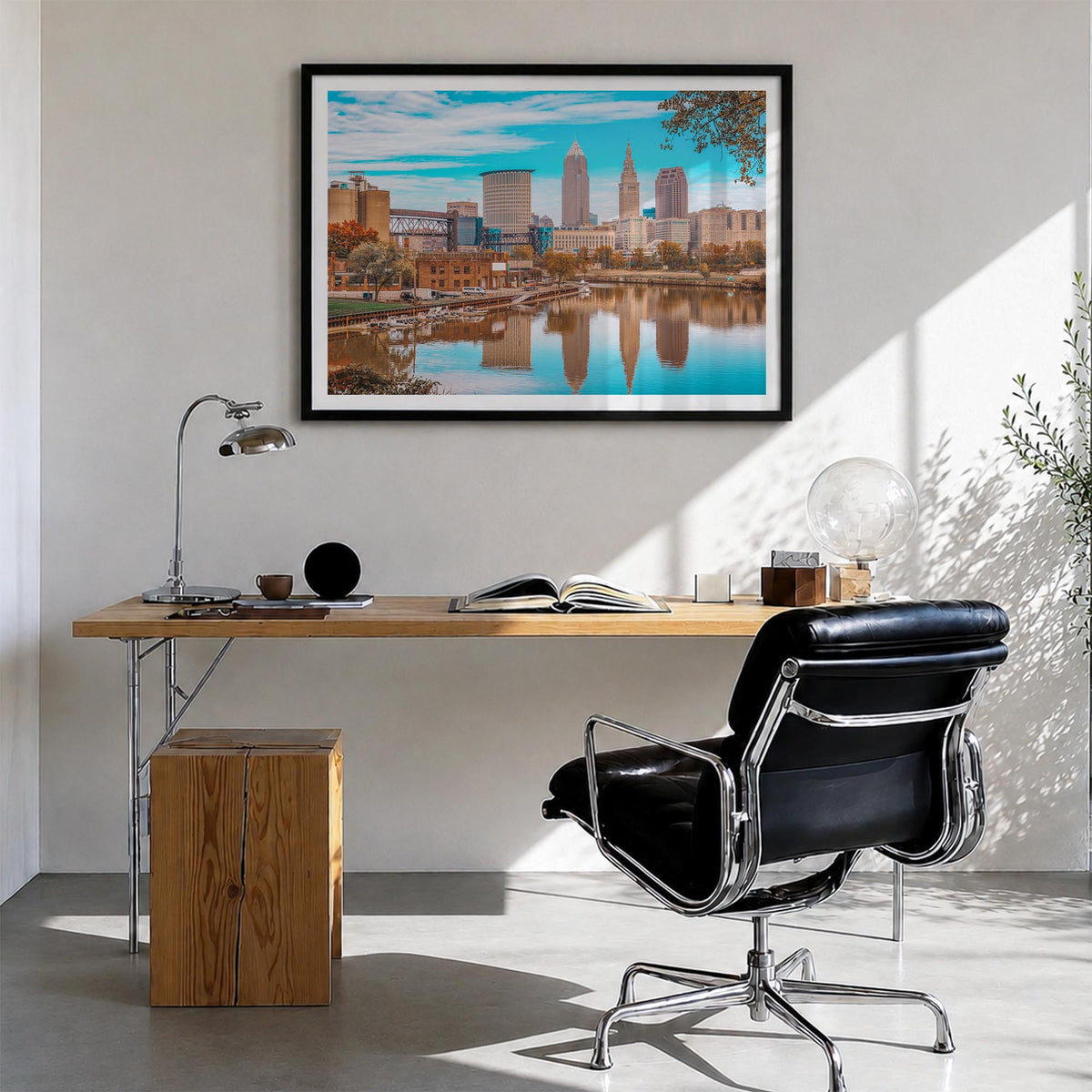Cleveland colorful photo poster of Ohio, USA – horizontal wall art in black wood frame with white border, hanging on wall