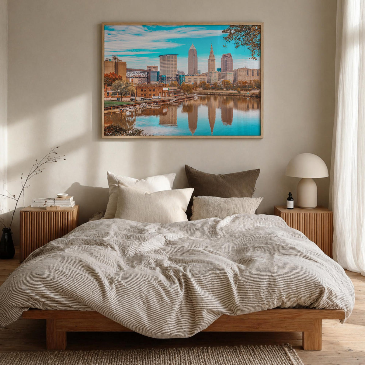 Cleveland colorful photo poster of Ohio, USA – horizontal wall art in natural wood frame, hanging on wall
