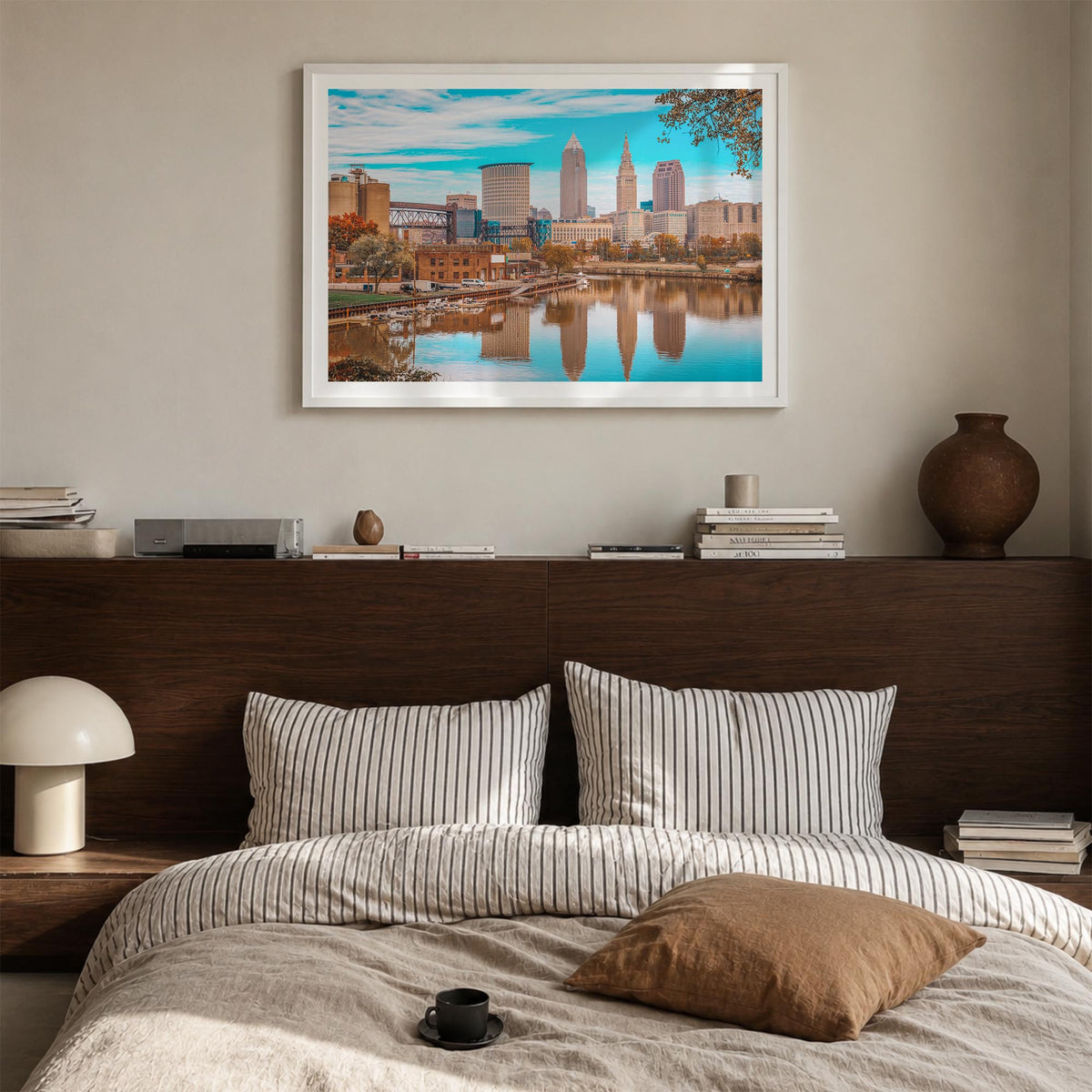 Cleveland colorful photo poster of Ohio, USA – horizontal wall art in white wood frame with white border, hanging on wall
