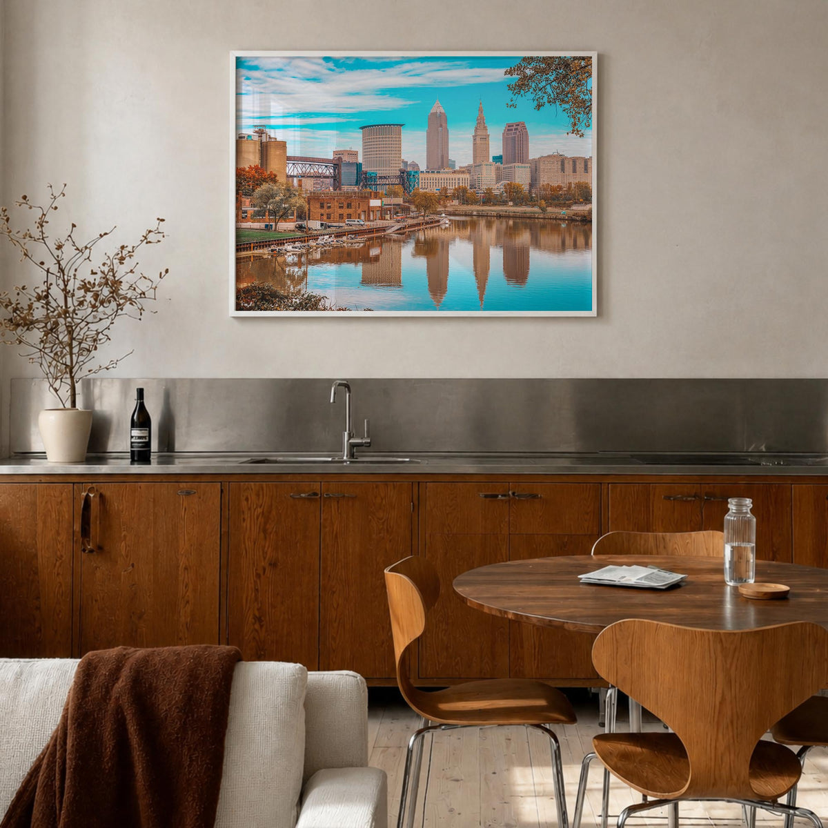 Cleveland colorful photo poster of Ohio, USA – horizontal wall art in white wood frame, hanging on wall
