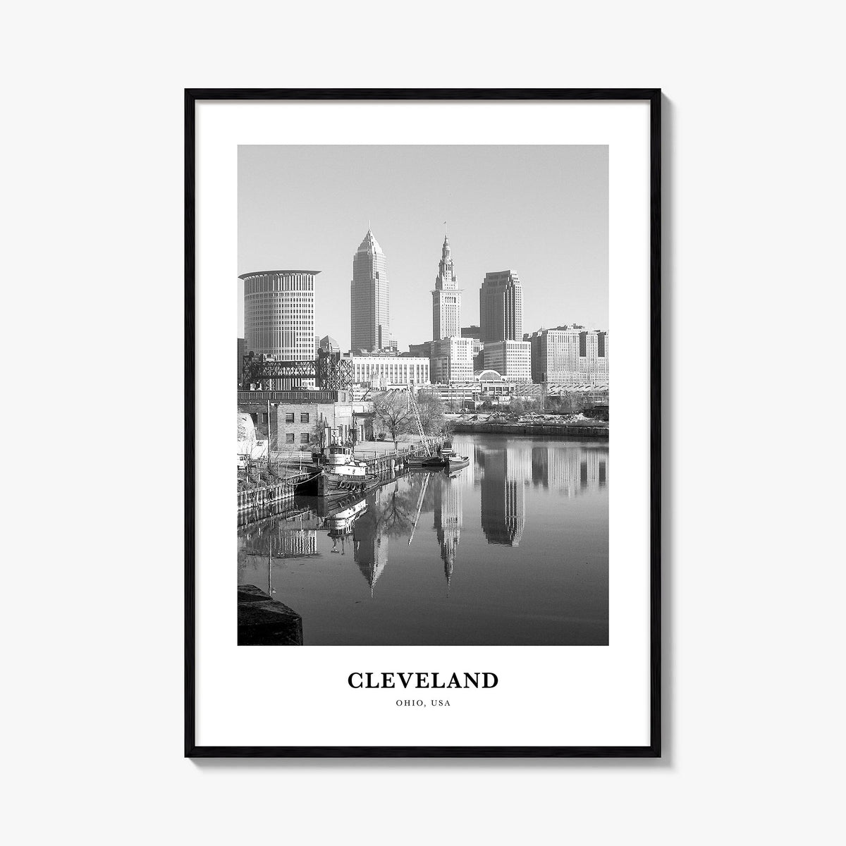 Cleveland no. 1 black & white classic poster of Ohio, USA – vertical wall art, unframed print shown in interior mockup