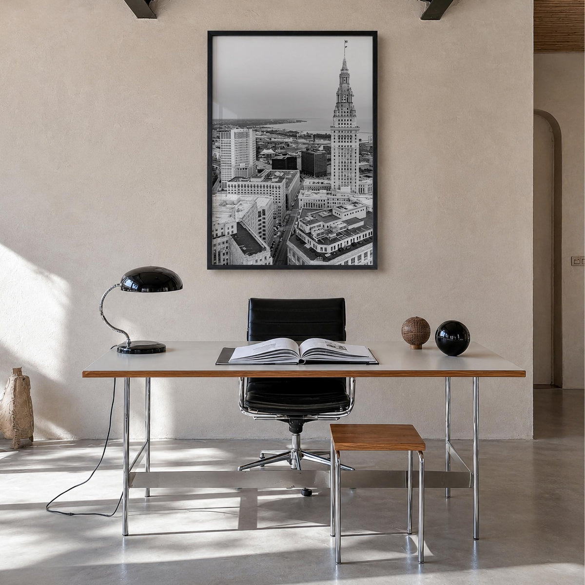 Cleveland no. 1 black & white photo poster of Ohio, USA – vertical wall art in black wood frame, hanging on wall