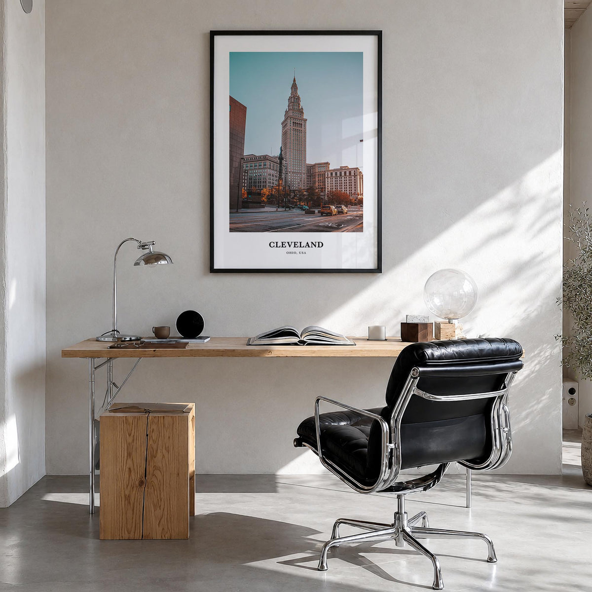 Cleveland no. 1 colorful classic poster of Ohio, USA – vertical wall art in black wood frame, hanging on wall