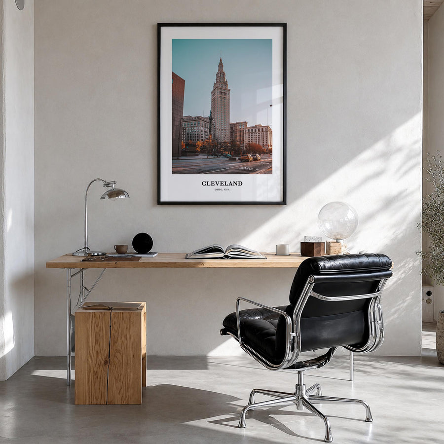 Cleveland no. 1 colorful classic poster of Ohio, USA – vertical wall art in black wood frame, hanging on wall