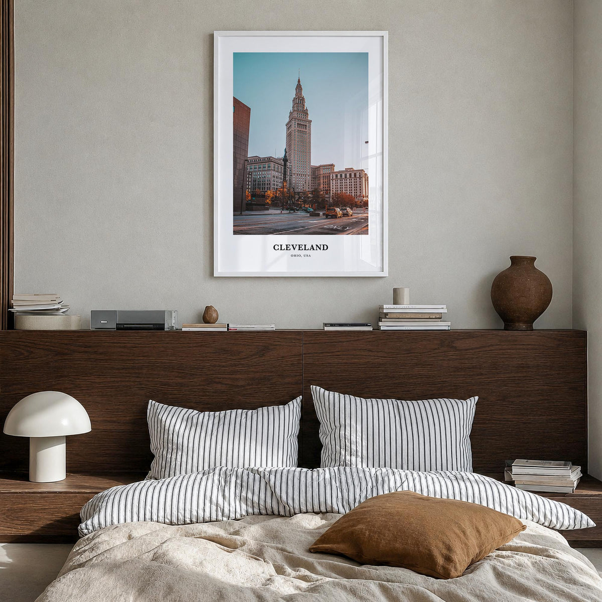 Cleveland no. 1 colorful classic poster of Ohio, USA – vertical wall art in white wood frame, hanging on wall