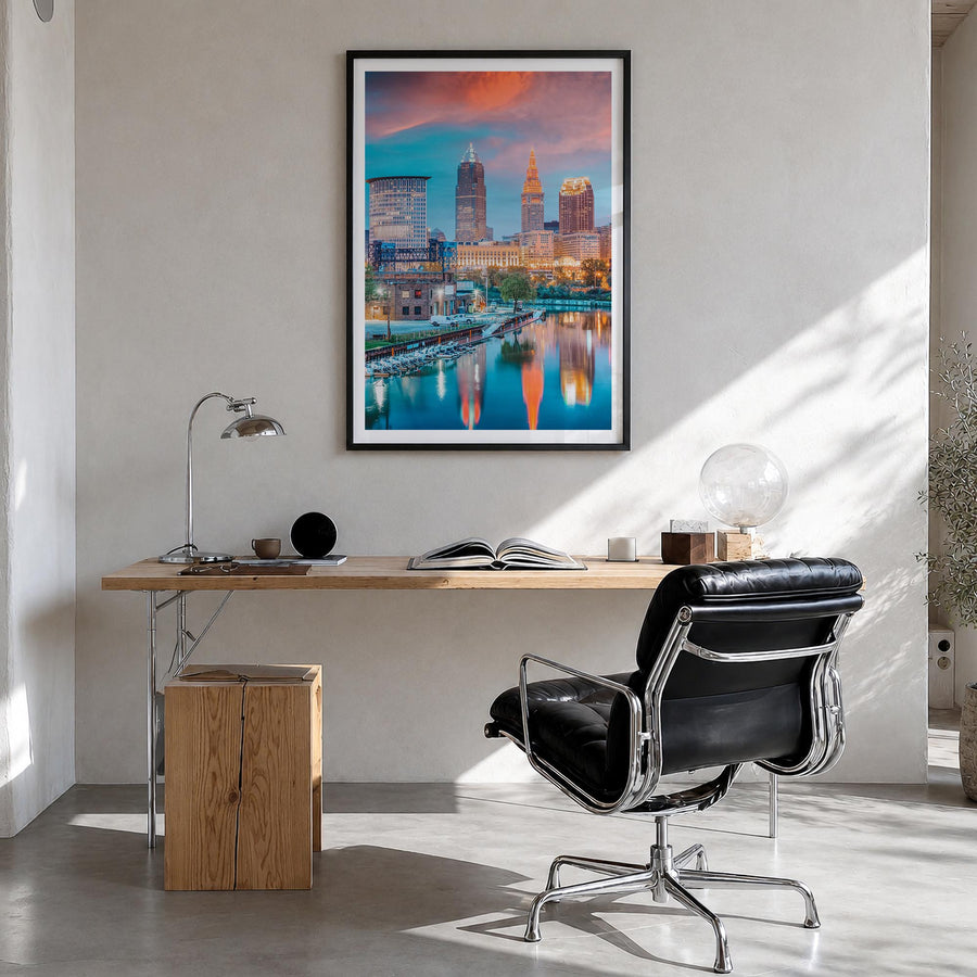 Cleveland no. 1 colorful photo poster of Ohio, USA – vertical wall art in black wood frame with white border, hanging on wall
