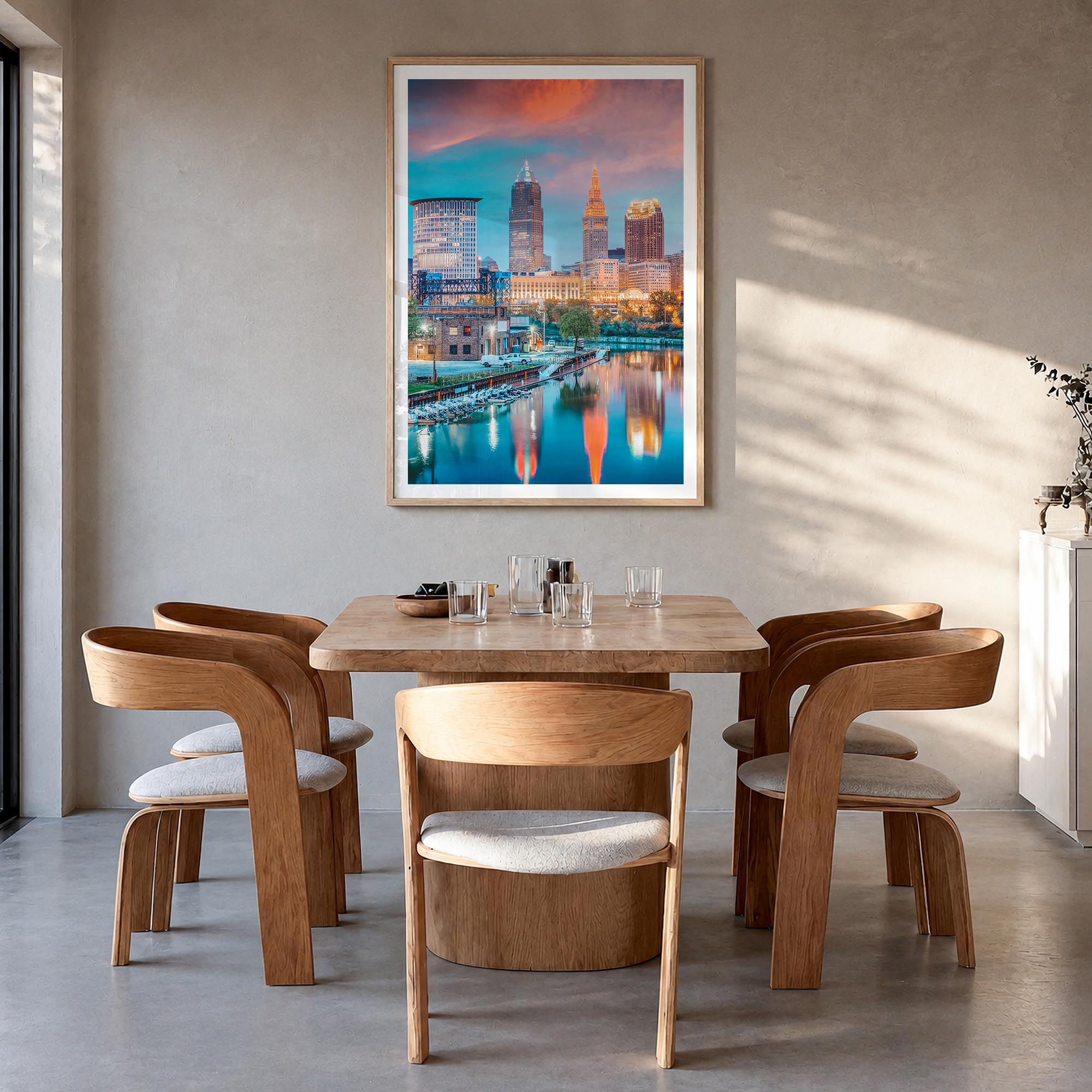 Cleveland no. 1 colorful photo poster of Ohio, USA – vertical wall art in natural wood frame with white border, hanging on wa