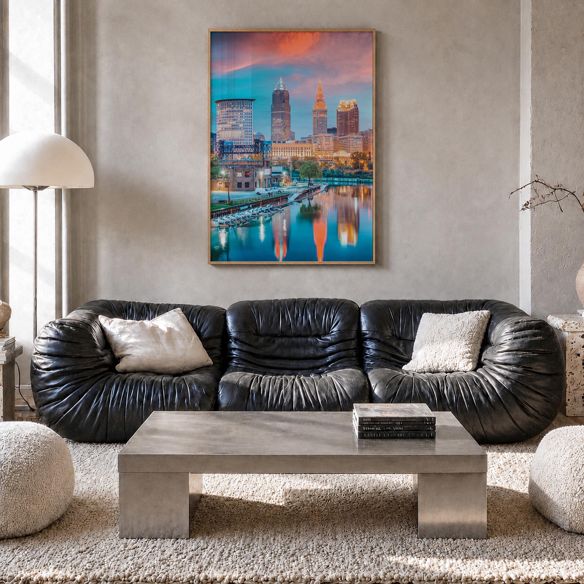 Cleveland no. 1 colorful photo poster of Ohio, USA – vertical wall art in natural wood frame, hanging on wall