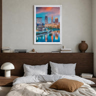 Cleveland no. 1 colorful photo poster of Ohio, USA – vertical wall art in white wood frame with white border, hanging on wall