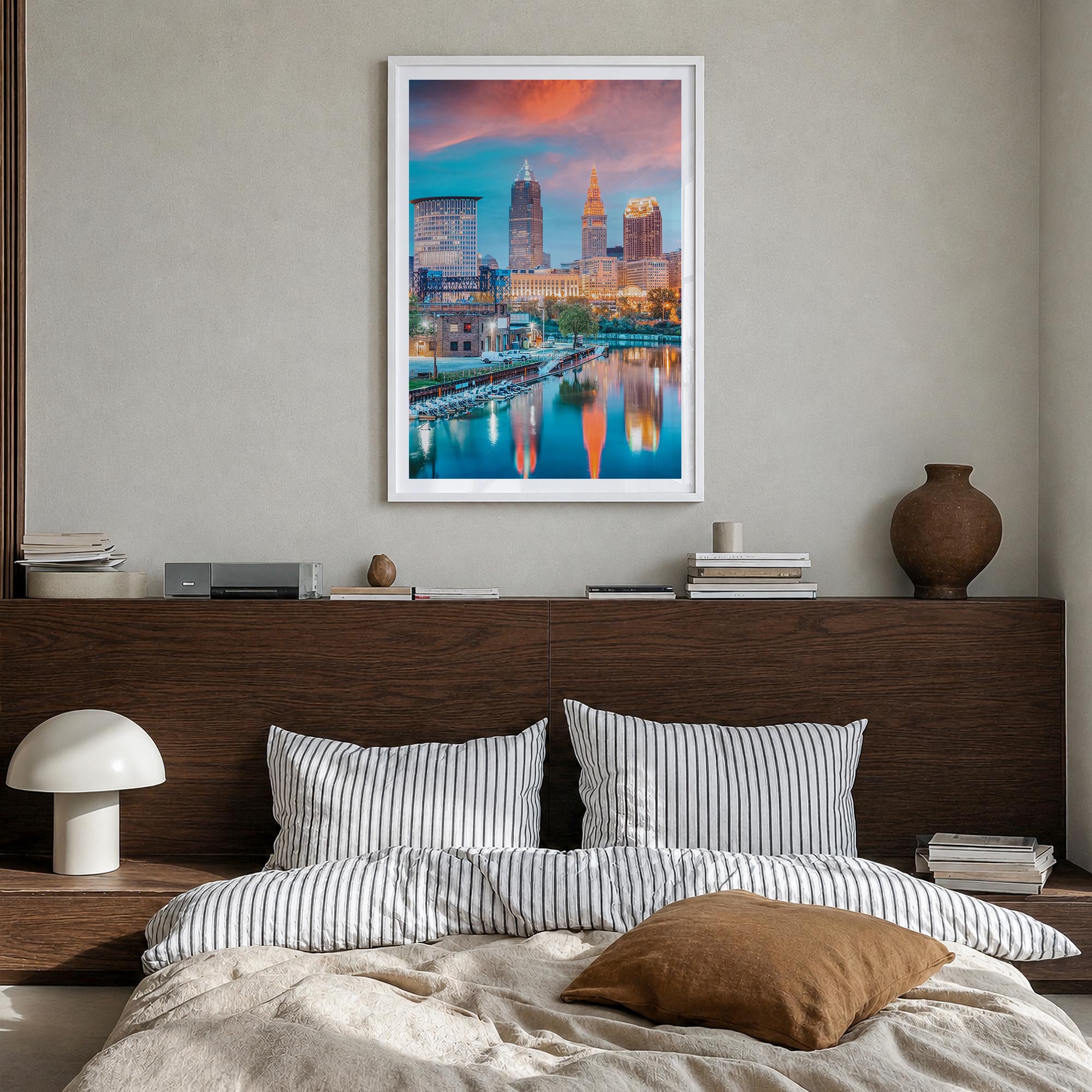 Cleveland no. 1 colorful photo poster of Ohio, USA – vertical wall art in white wood frame with white border, hanging on wall
