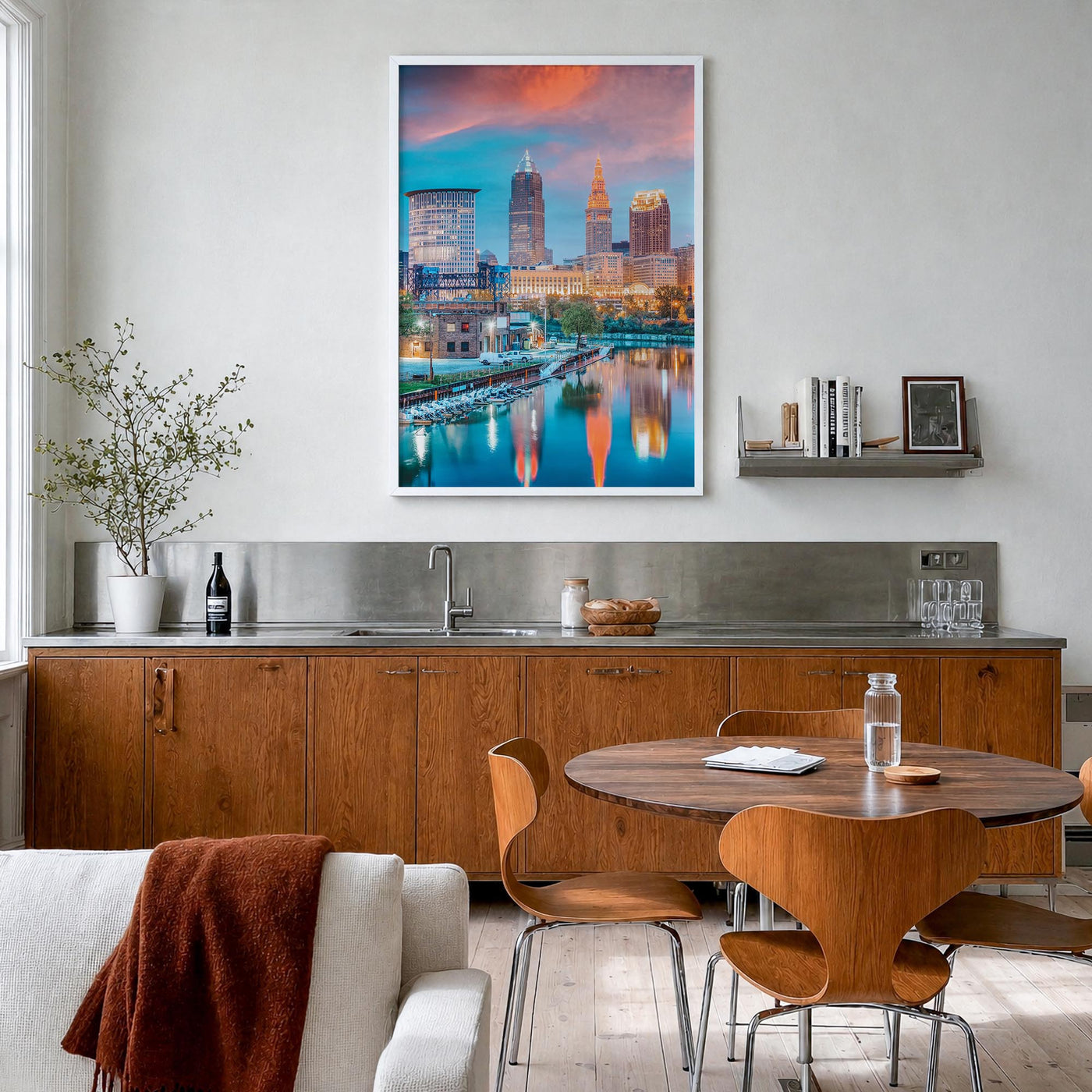 Cleveland no. 1 colorful photo poster of Ohio, USA – vertical wall art in white wood frame, hanging on wall