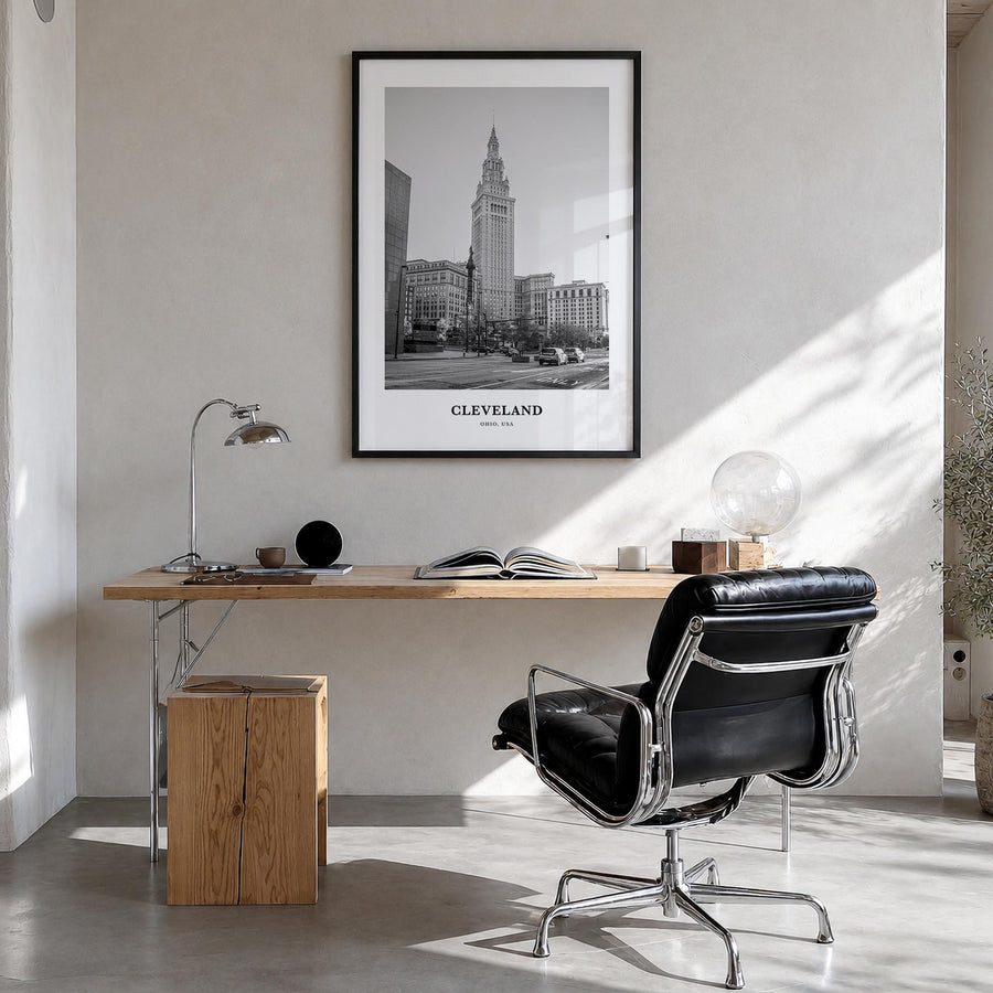 Cleveland no. 2 black & white classic poster of Ohio, USA – vertical wall art in black wood frame, hanging on wall