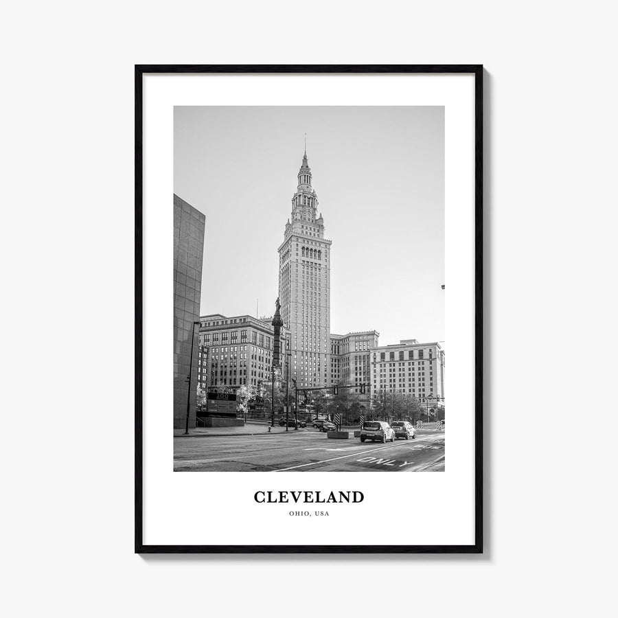 Cleveland no. 2 black & white classic poster of Ohio, USA – vertical wall art, unframed print shown in interior mockup
