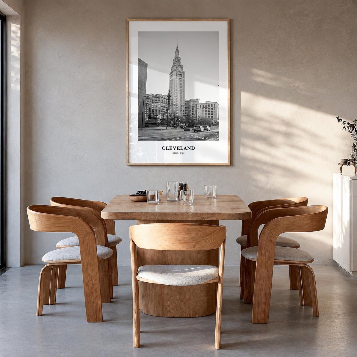 Cleveland no. 2 black & white classic poster of Ohio, USA – vertical wall art in natural wood frame, hanging on wall