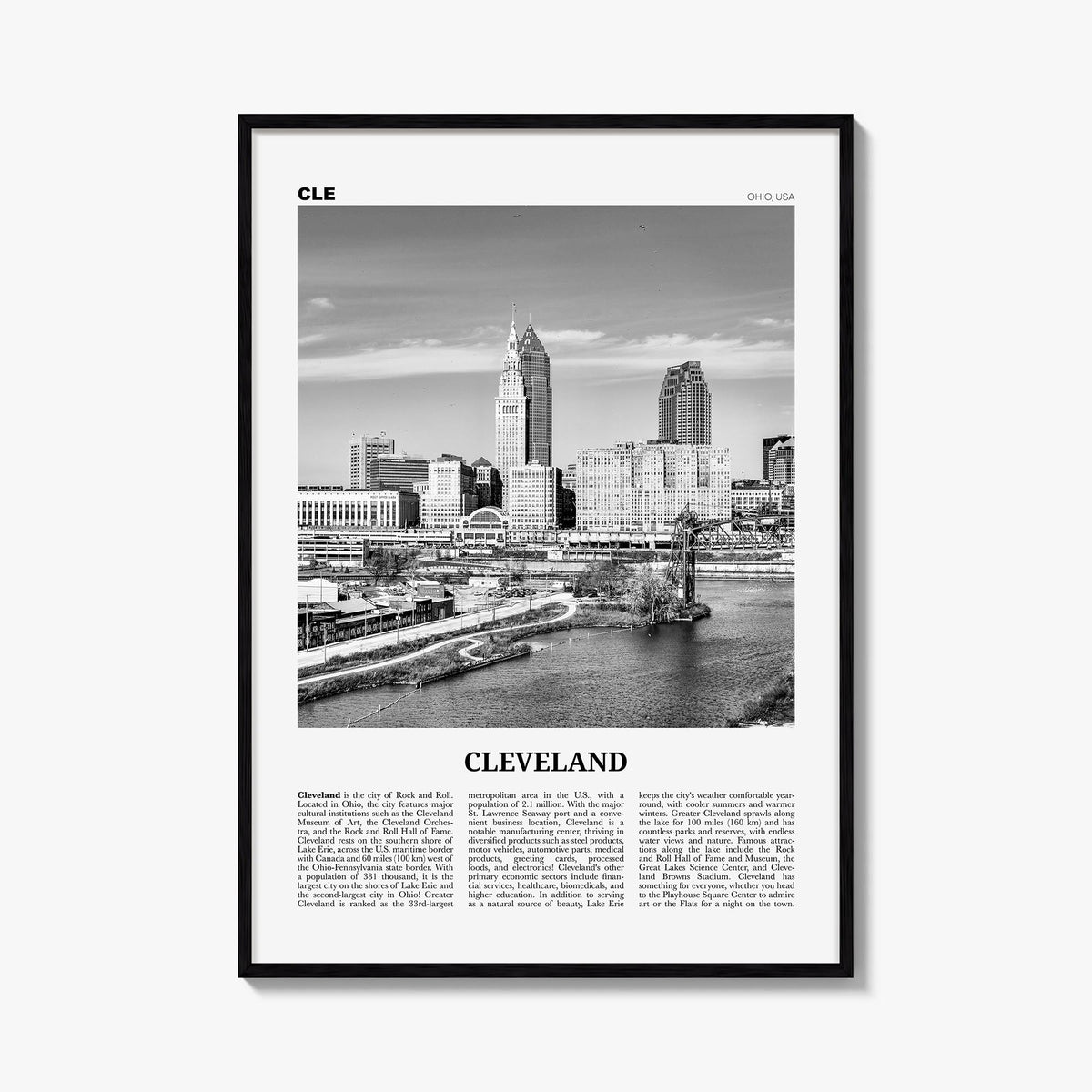 Cleveland no. 2 black & white newspaper poster of Ohio, USA – vertical wall art, unframed print shown in interior mockup