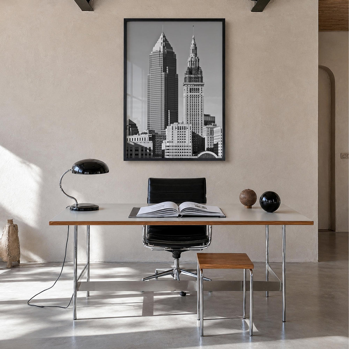 Cleveland no. 2 black & white photo poster of Ohio, USA – vertical wall art in black wood frame, hanging on wall