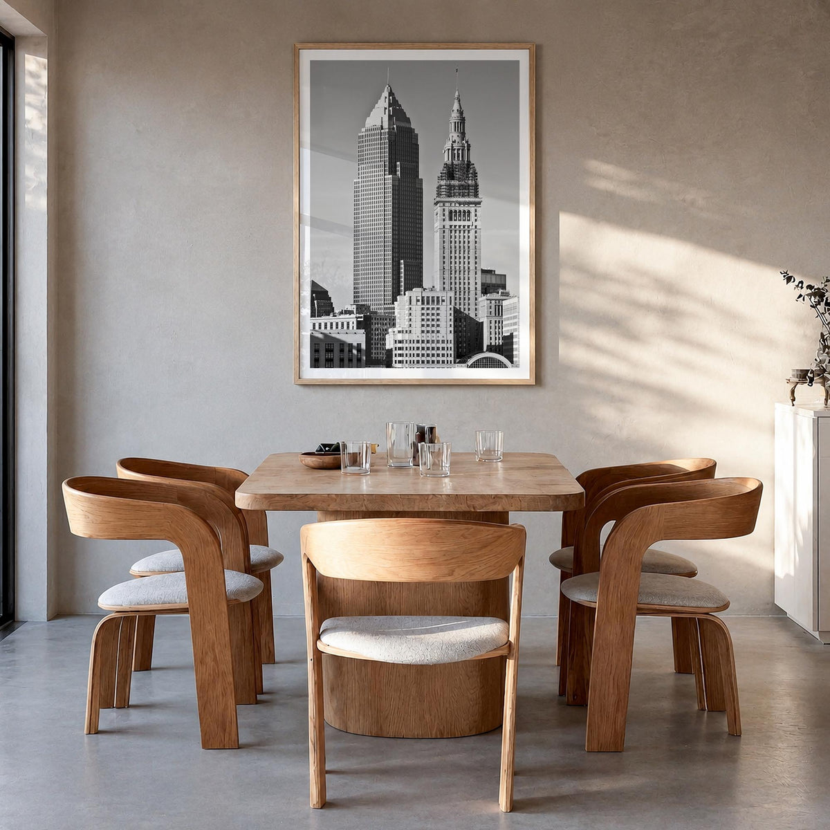 Cleveland no. 2 black & white photo poster of Ohio, USA – vertical wall art in natural wood frame with white border, hanging 