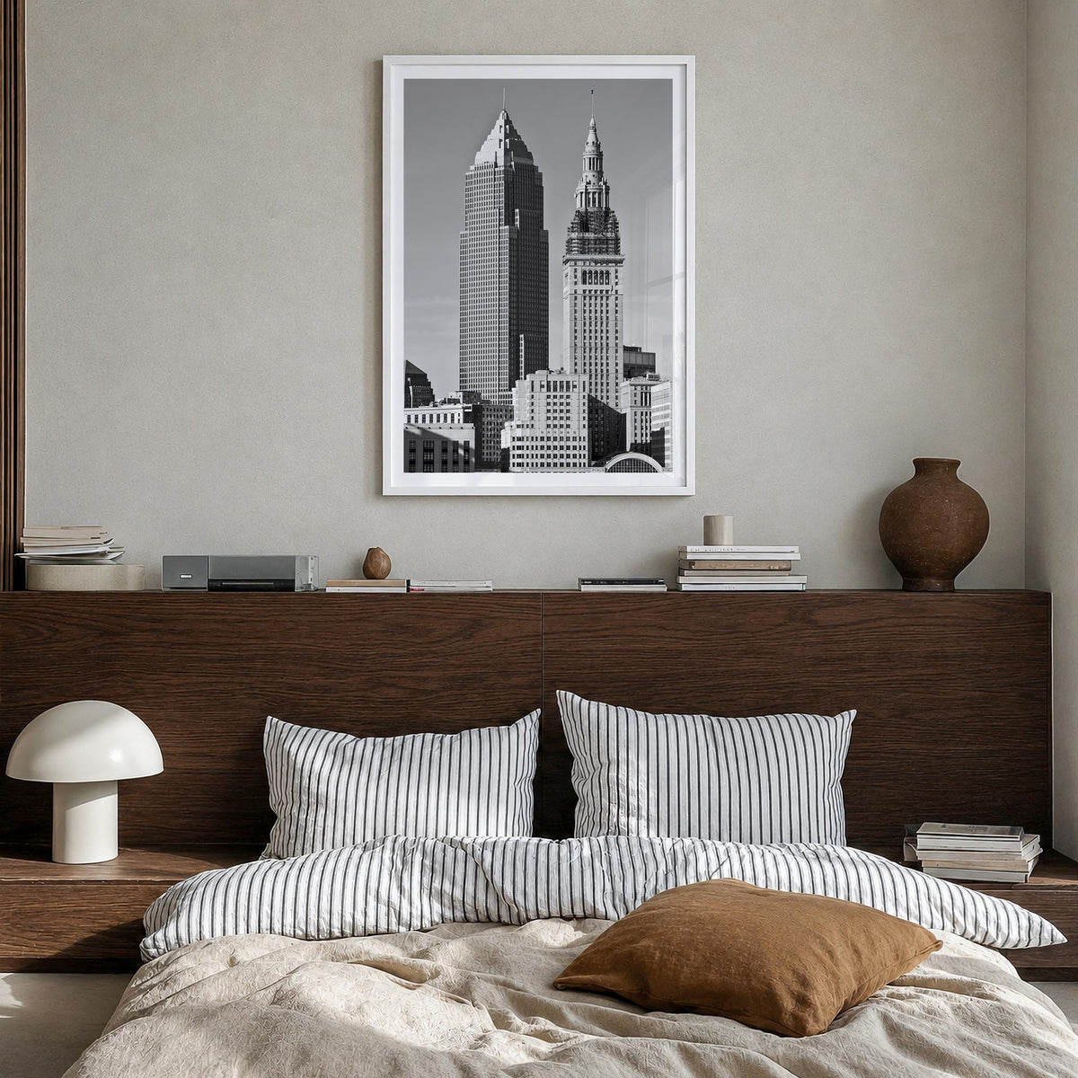 Cleveland no. 2 black & white photo poster of Ohio, USA – vertical wall art in white wood frame with white border, hanging on