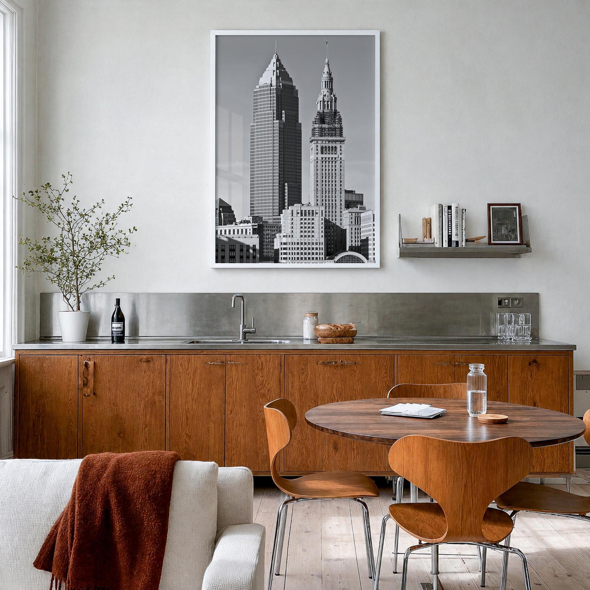 Cleveland no. 2 black & white photo poster of Ohio, USA – vertical wall art in white wood frame, hanging on wall