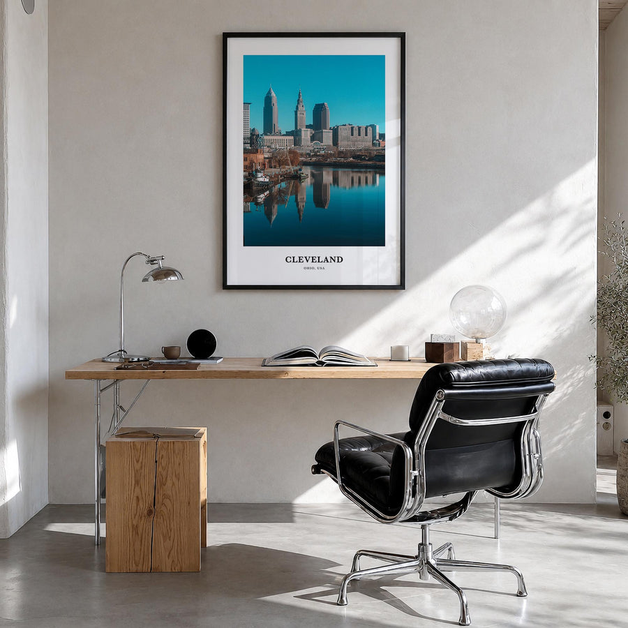 Cleveland no. 2 colorful classic poster of Ohio, USA – vertical wall art in black wood frame, hanging on wall
