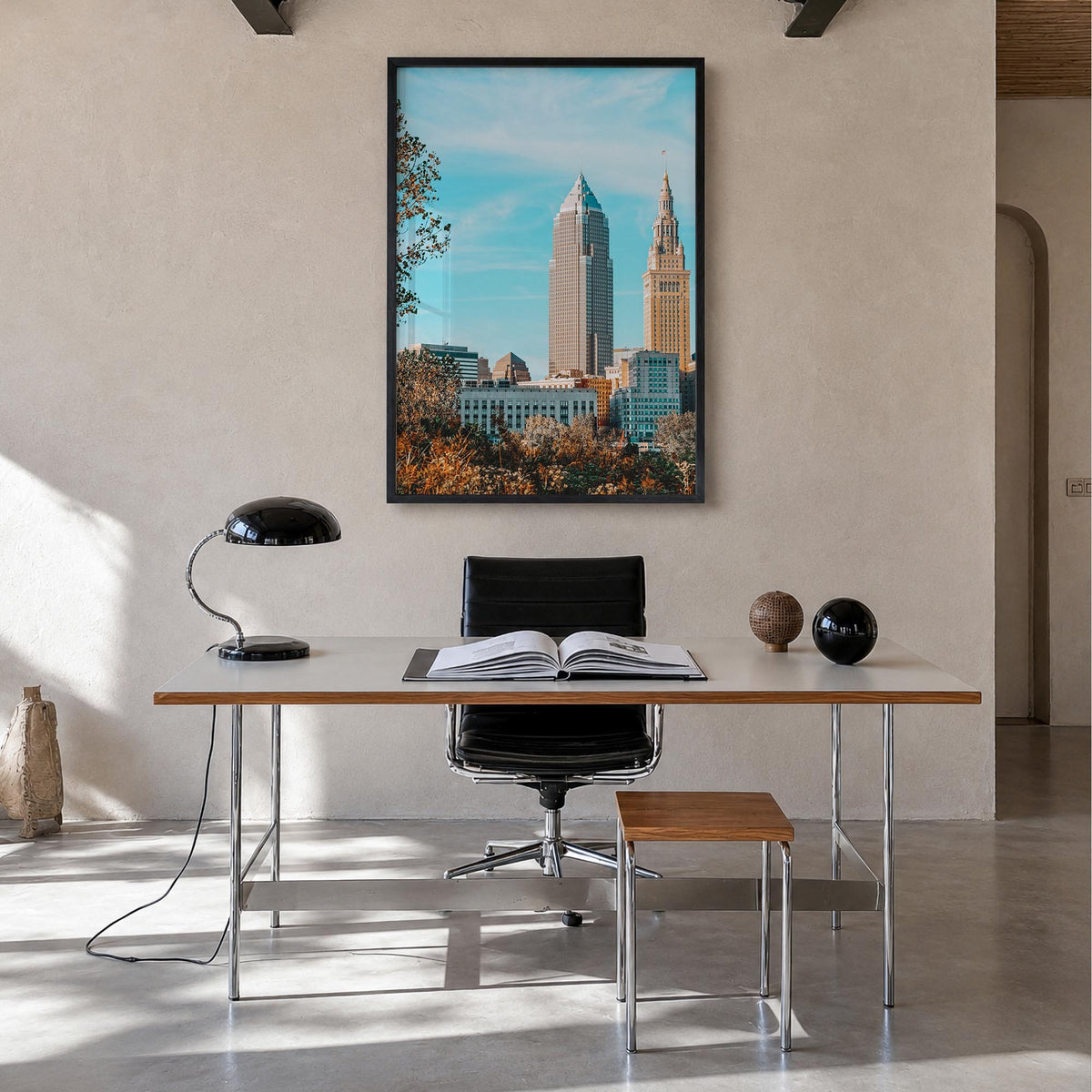 Cleveland no. 2 colorful photo poster of Ohio, USA – vertical wall art in black wood frame, hanging on wall
