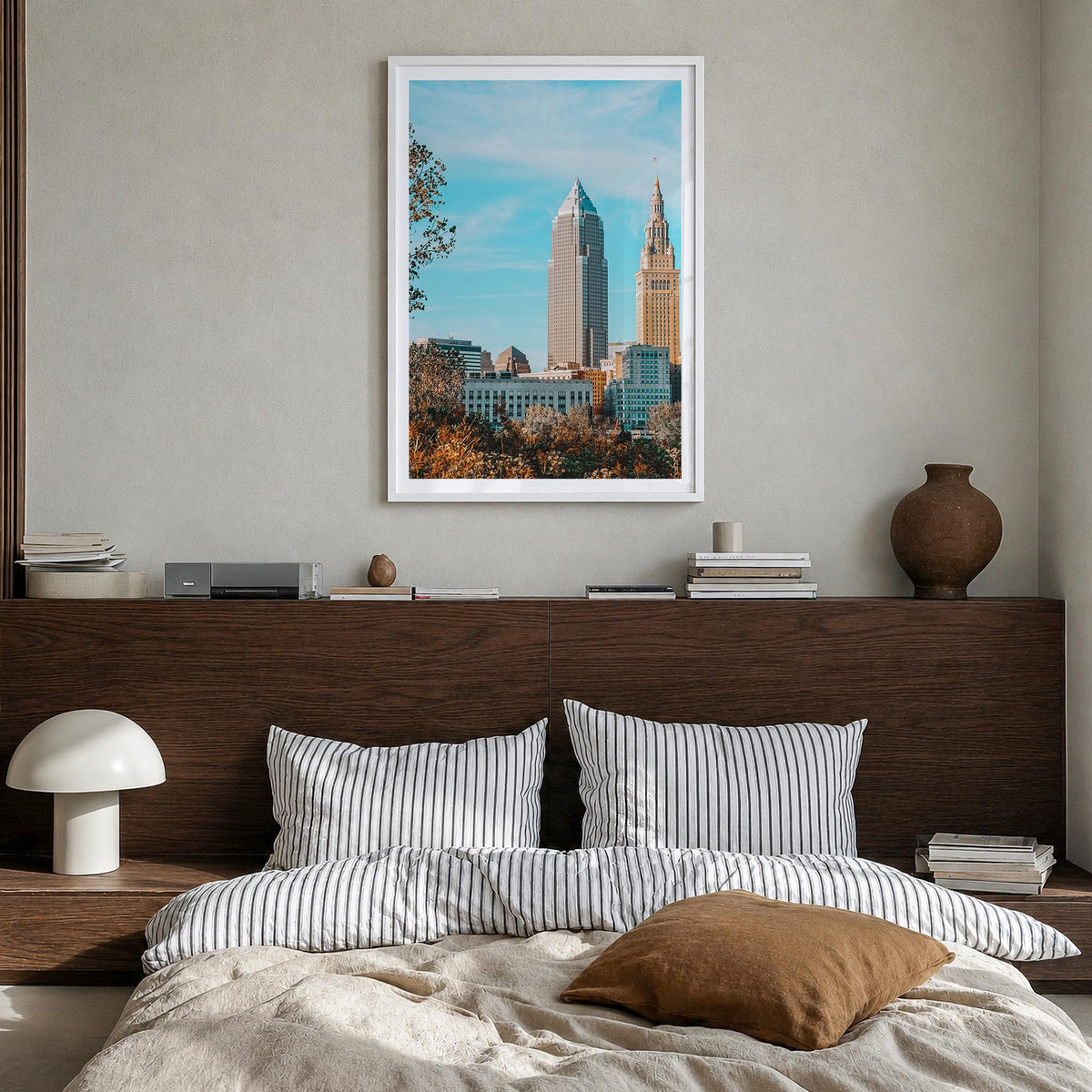 Cleveland no. 2 colorful photo poster of Ohio, USA – vertical wall art in white wood frame with white border, hanging on wall
