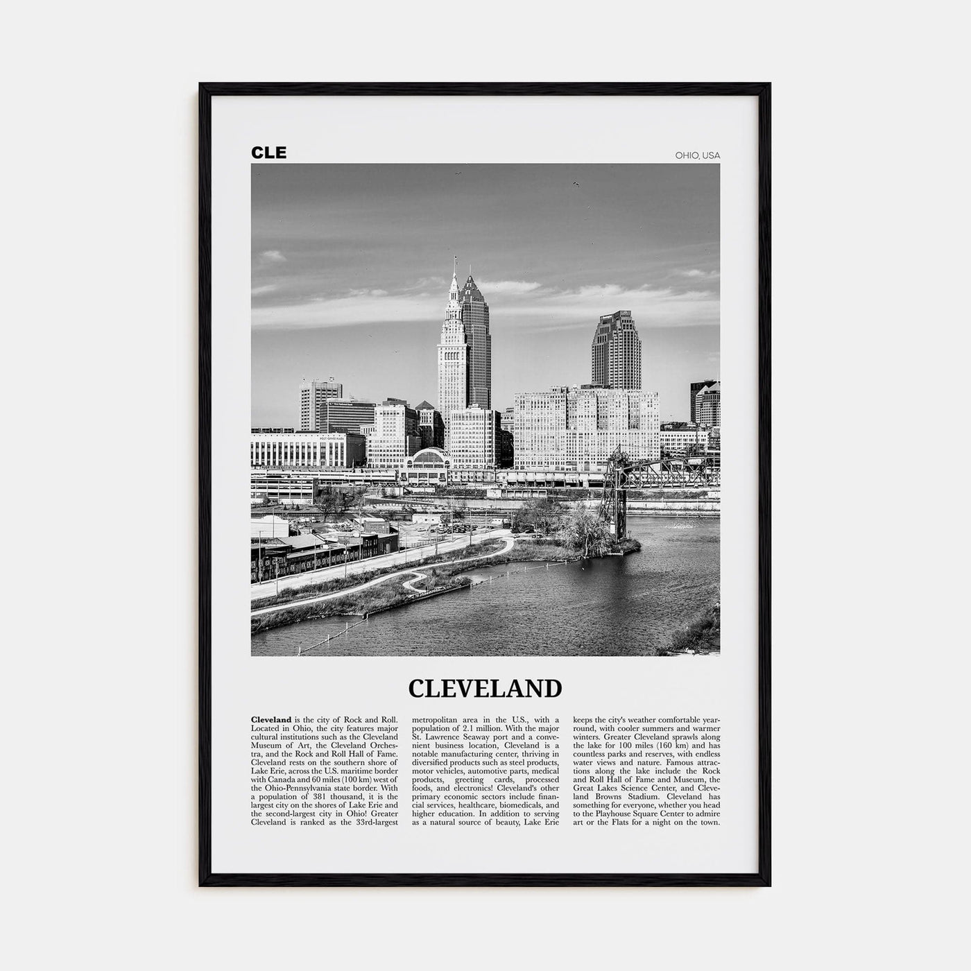 Cleveland No 2 Poster Black Wood / 8x12 in Nbourhood Travel B&W Poster