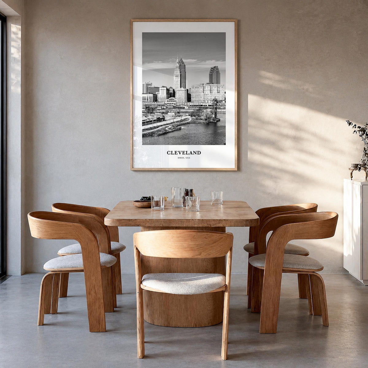 Cleveland no. 3 black & white classic poster of Ohio, USA – vertical wall art in natural wood frame, hanging on wall