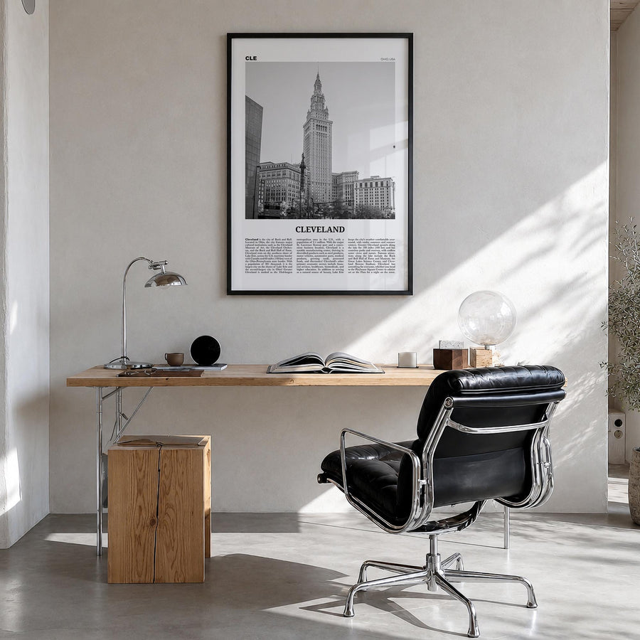Cleveland no. 3 black & white newspaper poster of Ohio, USA – vertical wall art in black wood frame, hanging on wall