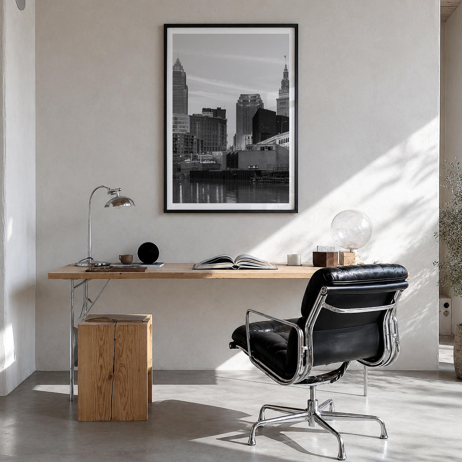 Cleveland no. 3 black & white photo poster of Ohio, USA – vertical wall art in black wood frame with white border, hanging on