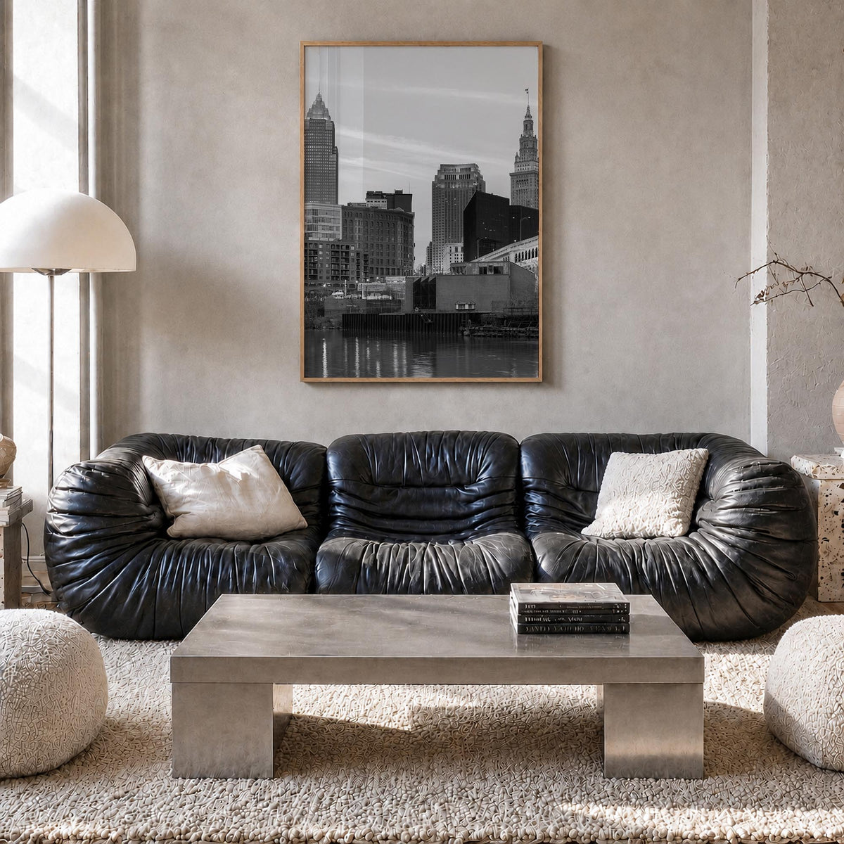 Cleveland no. 3 black & white photo poster of Ohio, USA – vertical wall art in natural wood frame, hanging on wall
