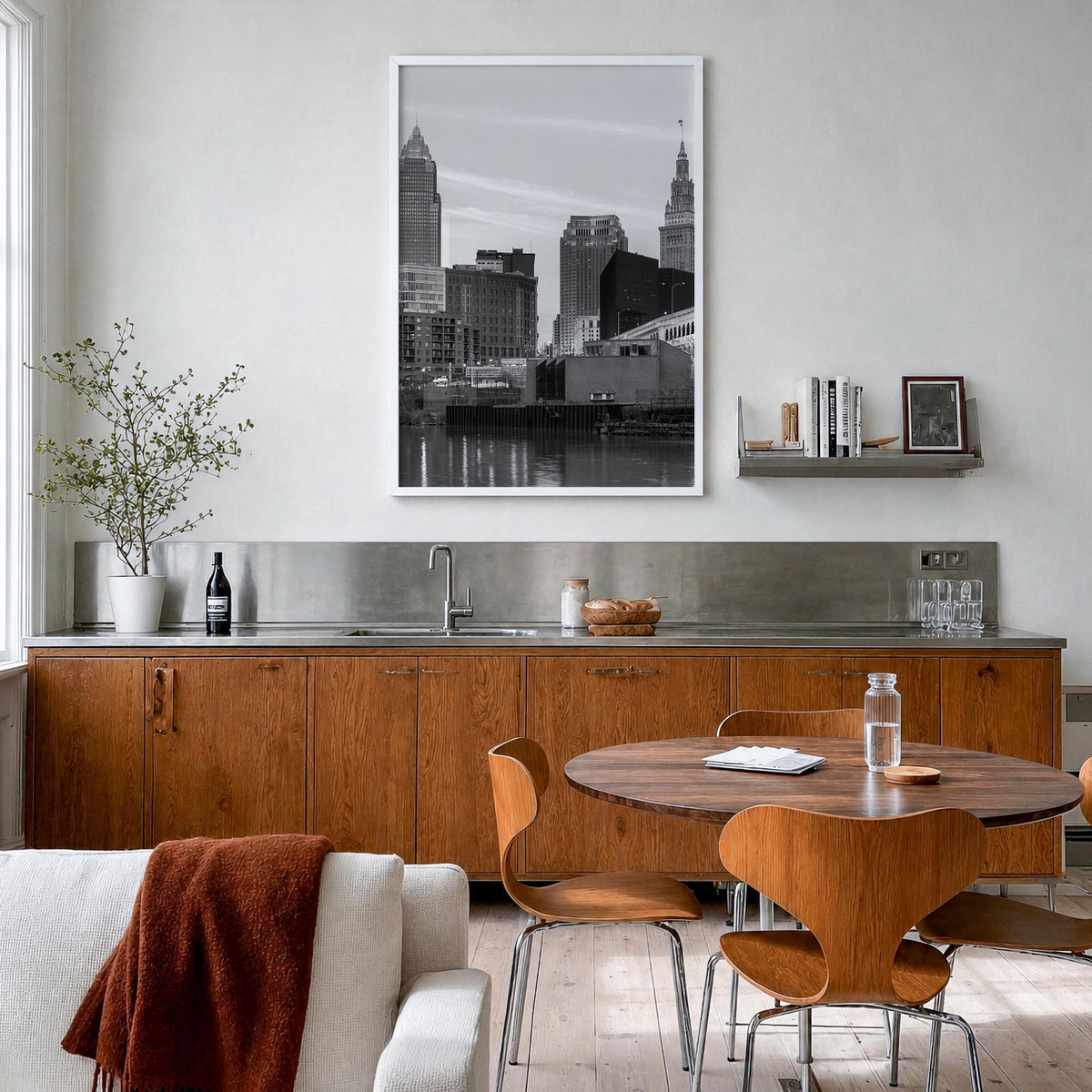 Cleveland no. 3 black & white photo poster of Ohio, USA – vertical wall art in white wood frame, hanging on wall