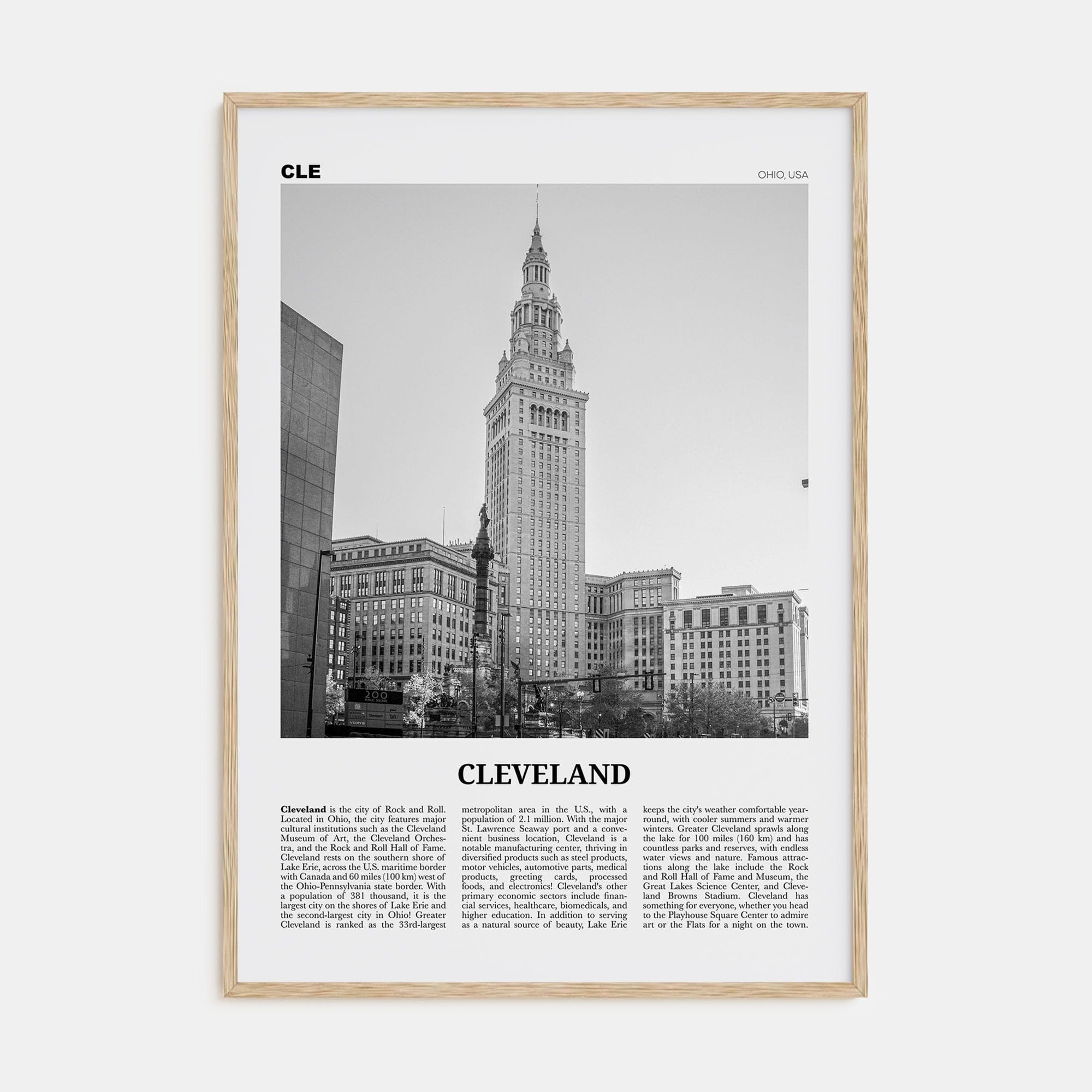 Cleveland No 3 Poster Natural Wood / 8x12 in Nbourhood Travel B&W Poster