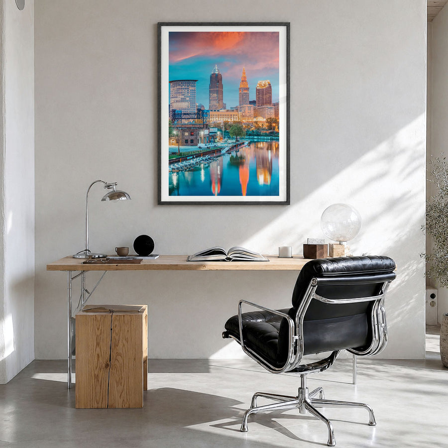 Cleveland Photo No 1 Poster in a black wood frame, hanging in a bright home office, white border