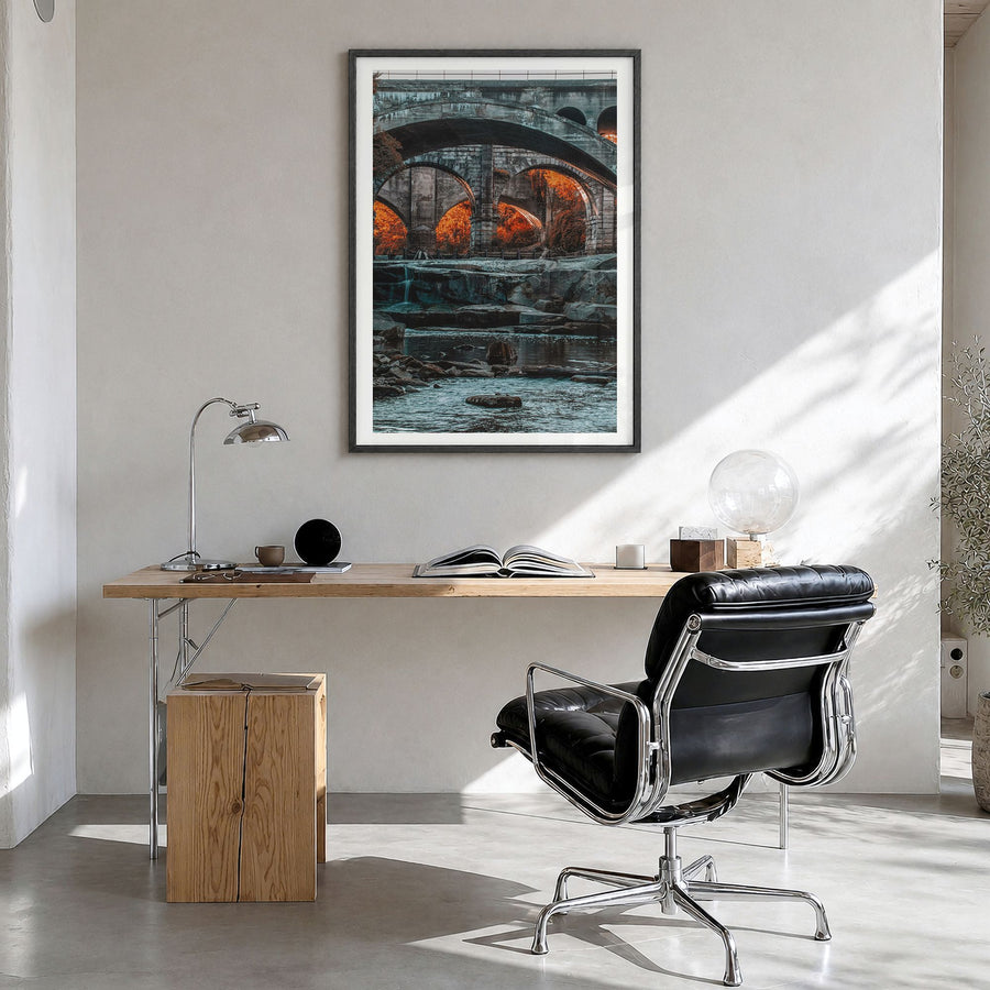 Cleveland Photo No 3 Poster in a black wood frame, hanging in a bright home office, white border