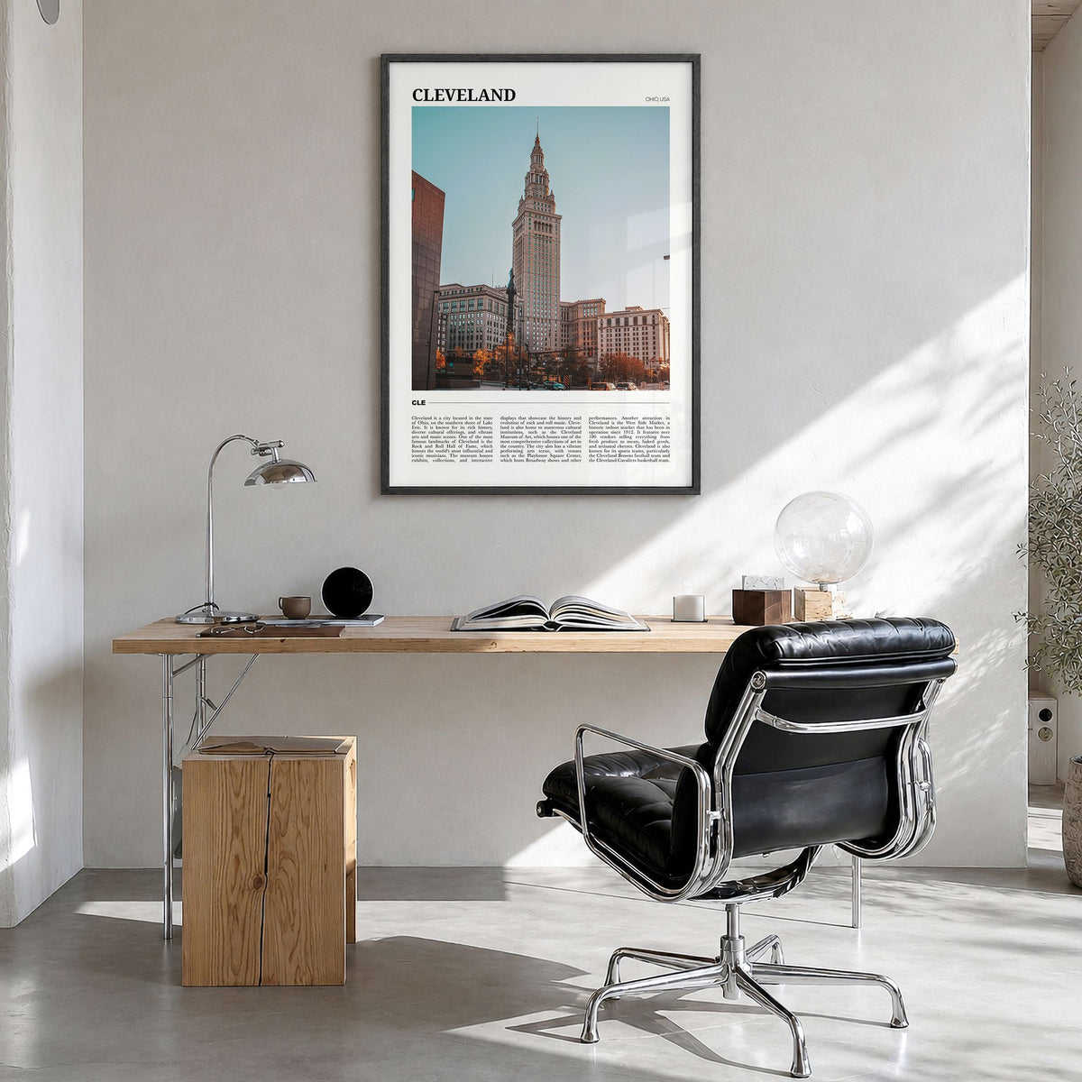 Cleveland Travel No 1 Poster in a black wood frame, hanging in a bright home office