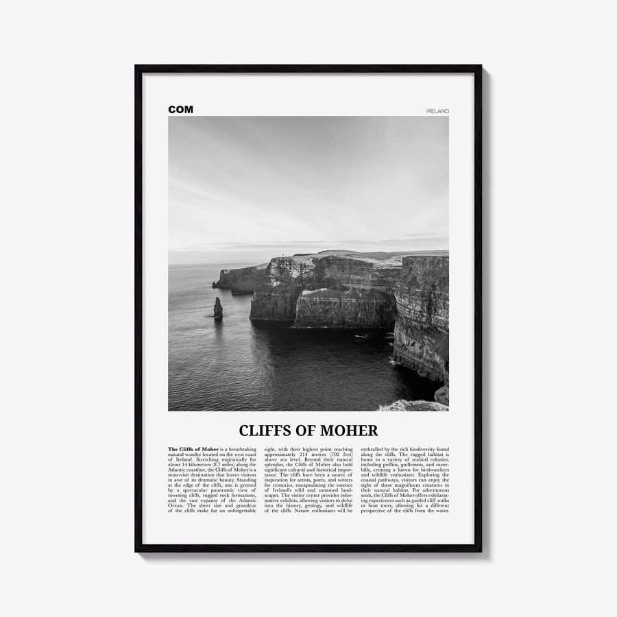 Cliffs of Moher black & white newspaper poster of Ireland – vertical wall art, unframed print shown in interior mockup