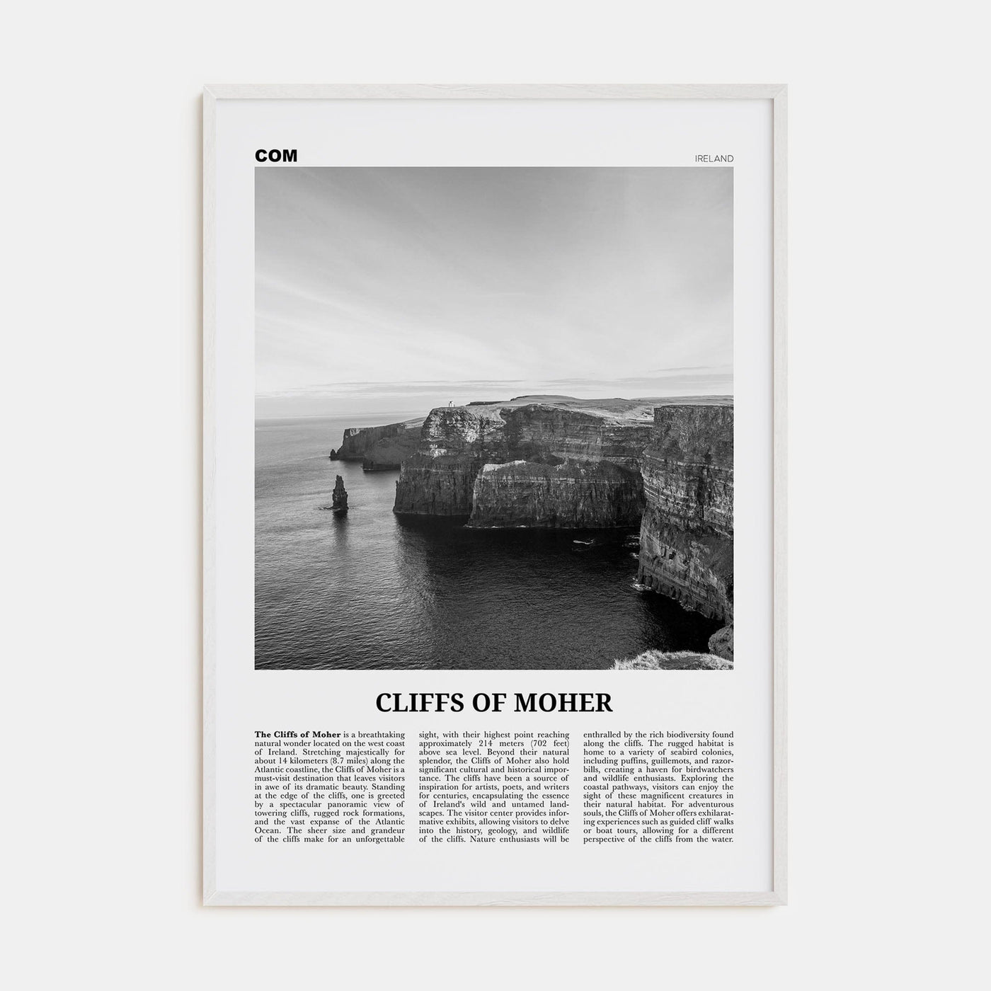 Cliffs of Moher Poster White Wood / 8x12 in Nbourhood Travel B&W Poster