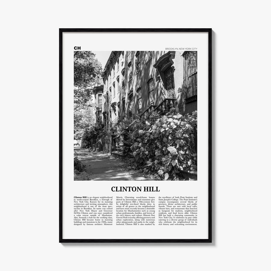 Clinton Hill black & white newspaper poster of New York, USA – vertical wall art, unframed print shown in interior mockup