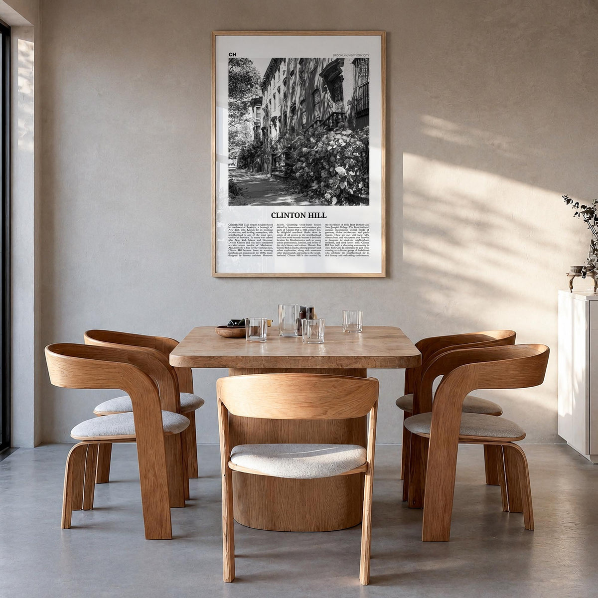 Clinton Hill black & white newspaper poster of New York, USA – vertical wall art in natural wood frame, hanging on wall