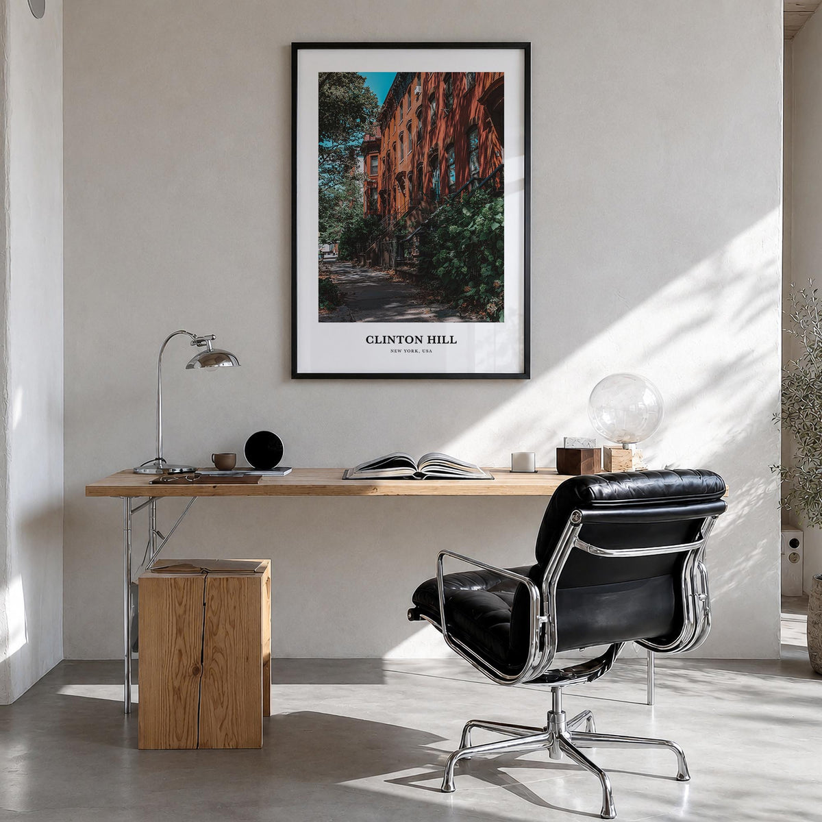 Clinton Hill colorful classic poster of New York, USA – vertical wall art in black wood frame, hanging on wall