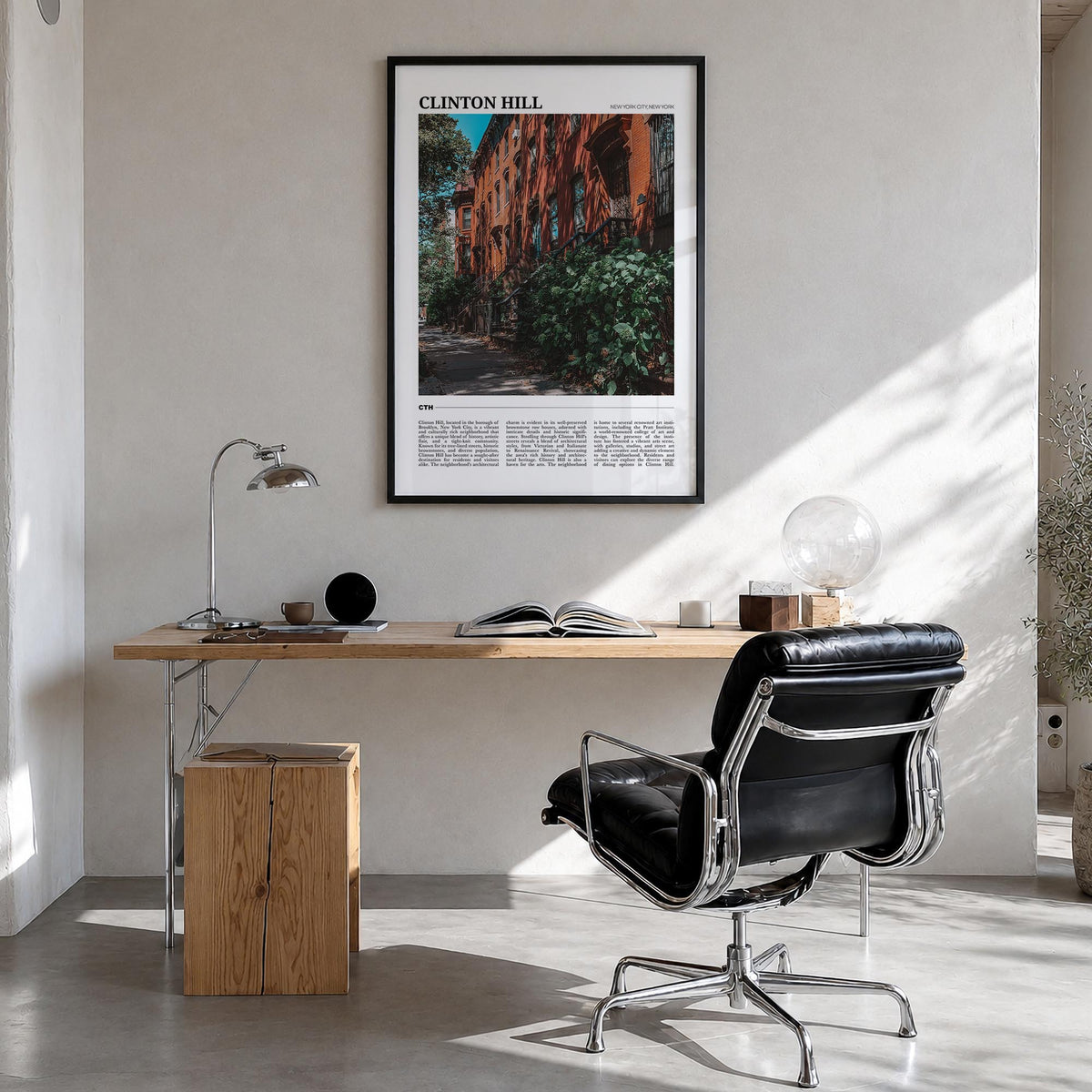 Clinton Hill colorful travel poster of New York, USA – vertical wall art in black wood frame, hanging on wall