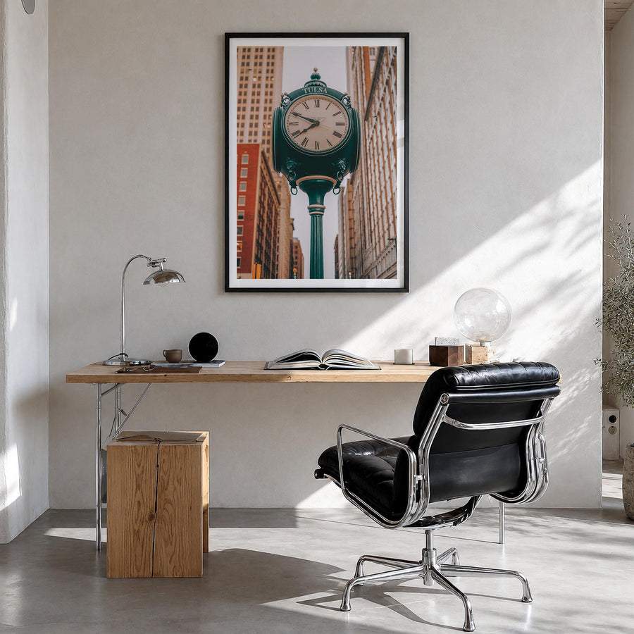 Clock no. 1 colorful photo poster – vertical wall art in black wood frame with white border, hanging on wall