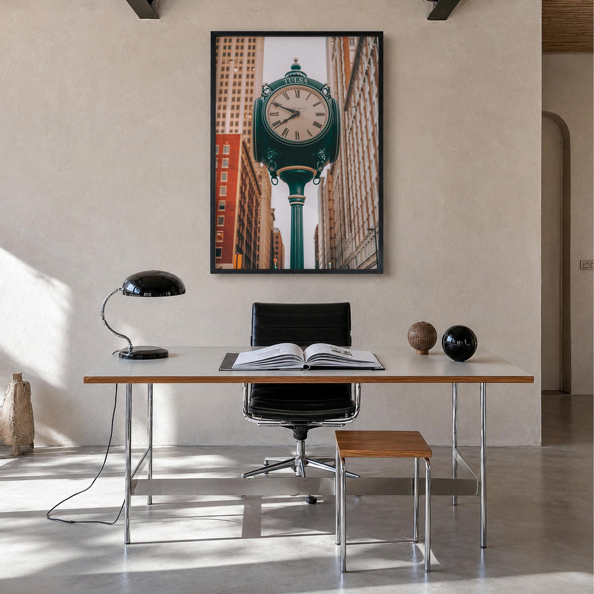 Clock no. 1 colorful photo poster – vertical wall art in black wood frame, hanging on wall
